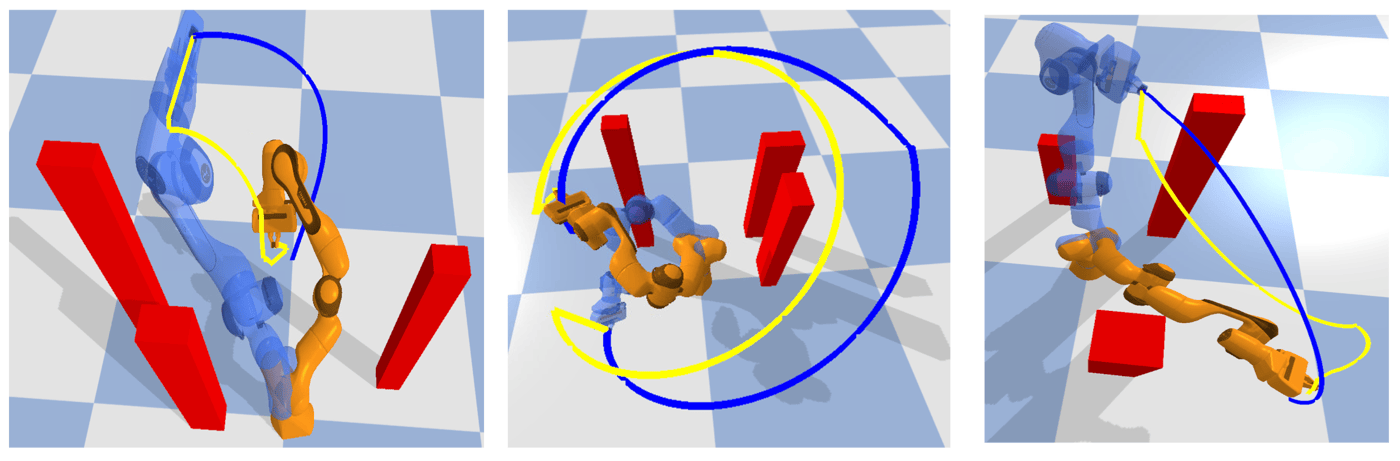 Three representative planning scenarios comparing RRT-Connect and FlashPlan end-effector trajectories around obstacles