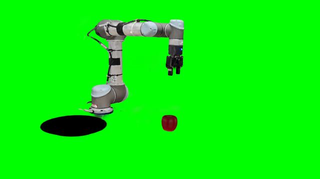 The robot arm and a red apple rendered against a pure green background, with the desk and posters completely removed.