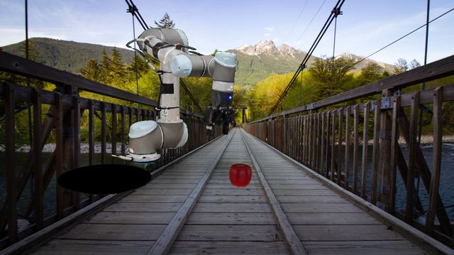 The same robot and apple composited onto a real photograph of a wooden footbridge over a river with mountains in the background.